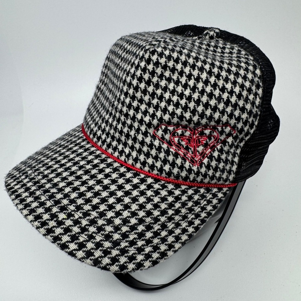 Y2K Roxy Womens Houndstooth Trucker Hat Black White Red Logo Snapback‎ Mesh Cap